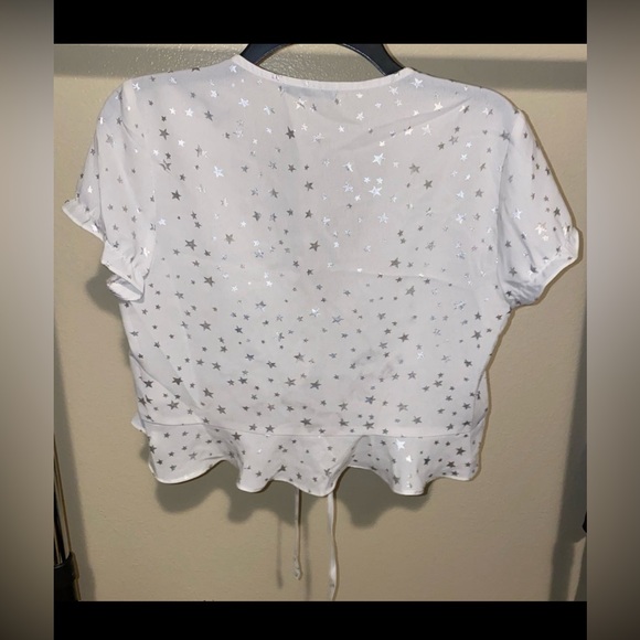 Shein White Cardigan Ruffle Accent Small Silver Star Print Ties in Front size L - Picture 2 of 3